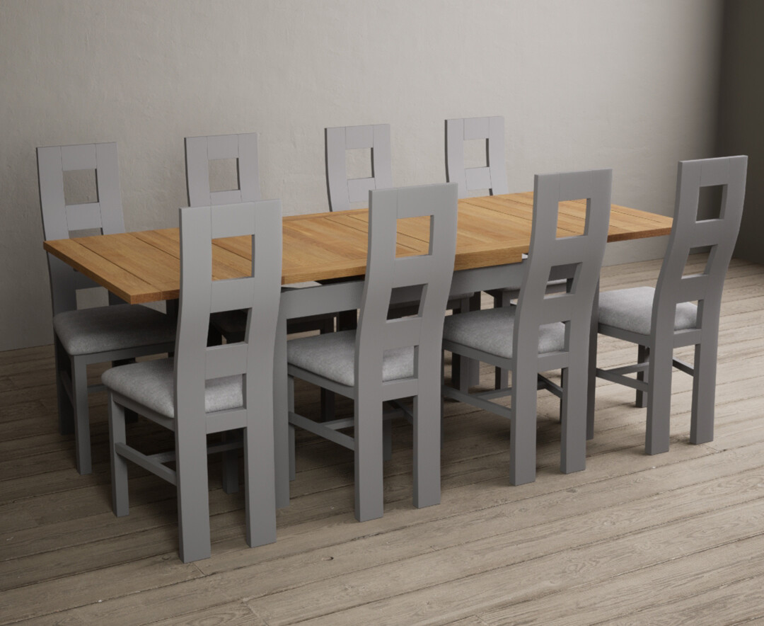 Product photograph of Buxton 140cm Oak And Light Grey Extending Dining Table With 8 Brown Flow Back Chairs from Oak Furniture Superstore