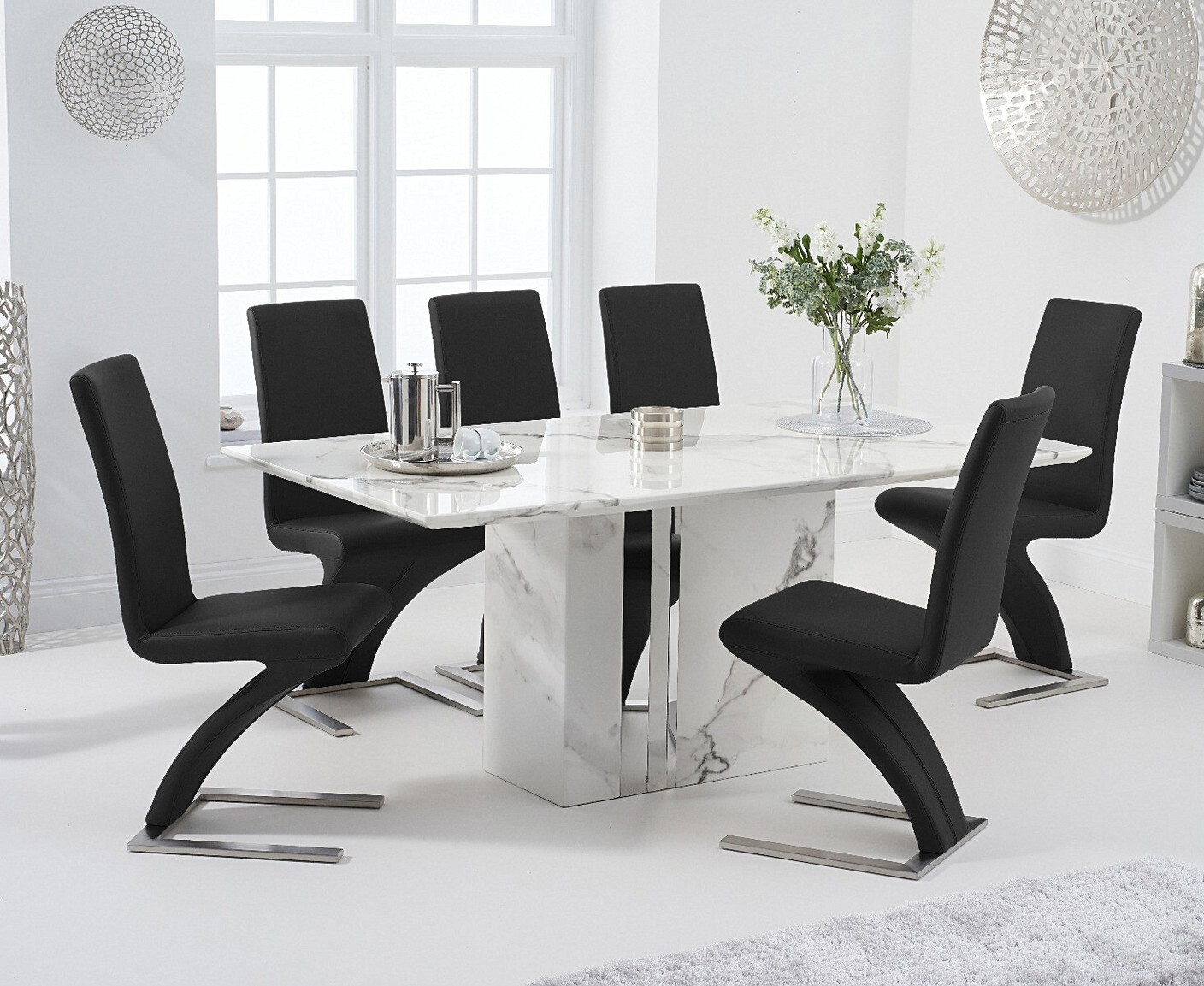 Photo 3 of Alicia 180cm white marble dining table with 8 white aldo chairs