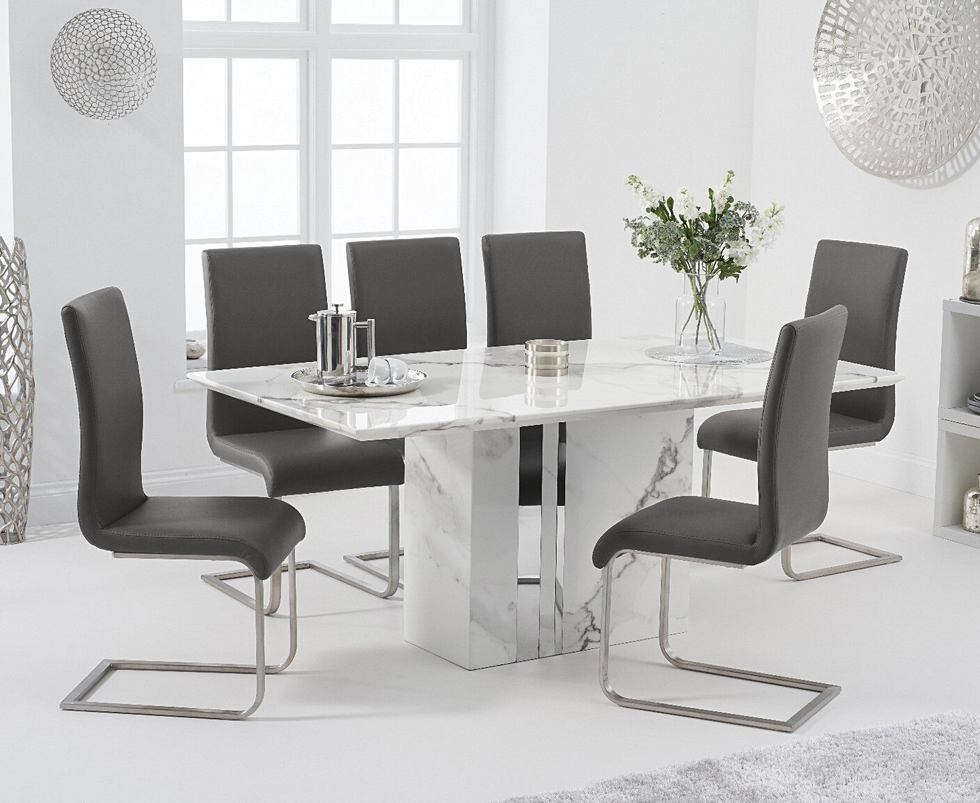 Product photograph of Alicia 180cm White Marble Dining Table With 4 Grey Austin Chairs from Oak Furniture Superstore