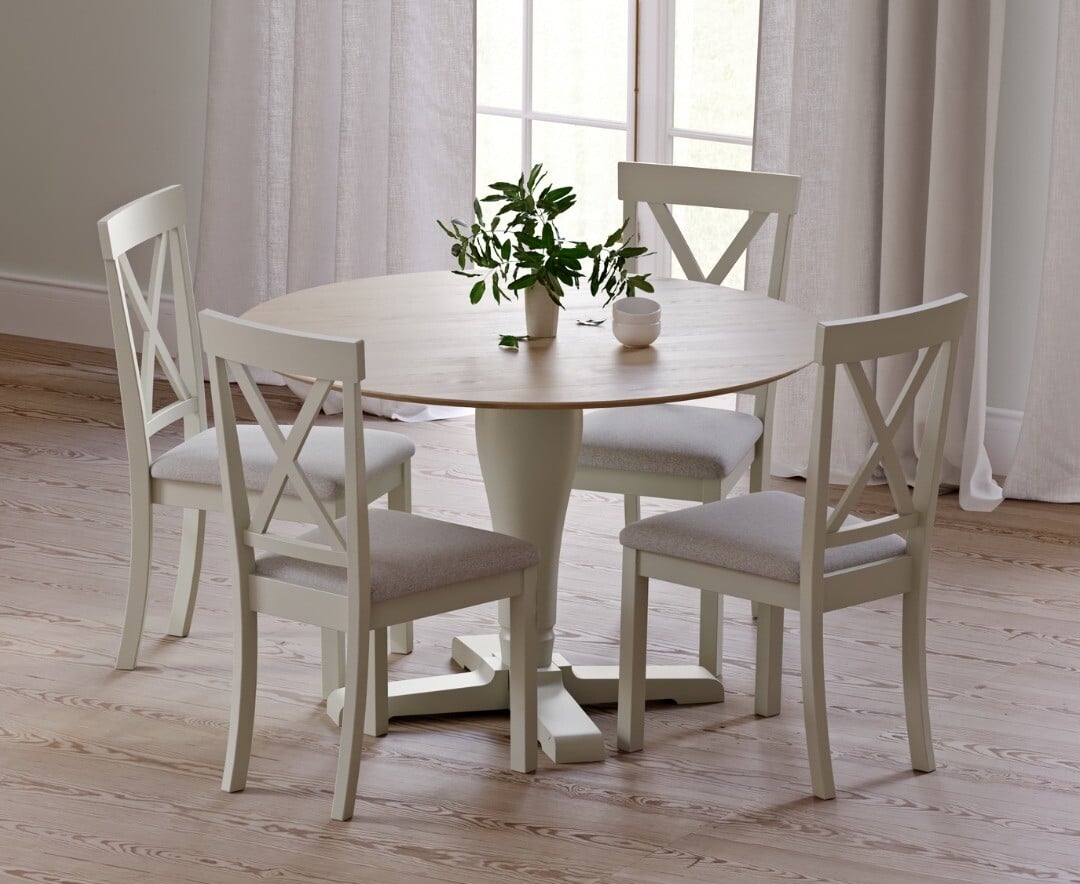 Ancona Oak And Soft Green Painted 120cm Round Dining Table With 4 Linen Hertford Chairs