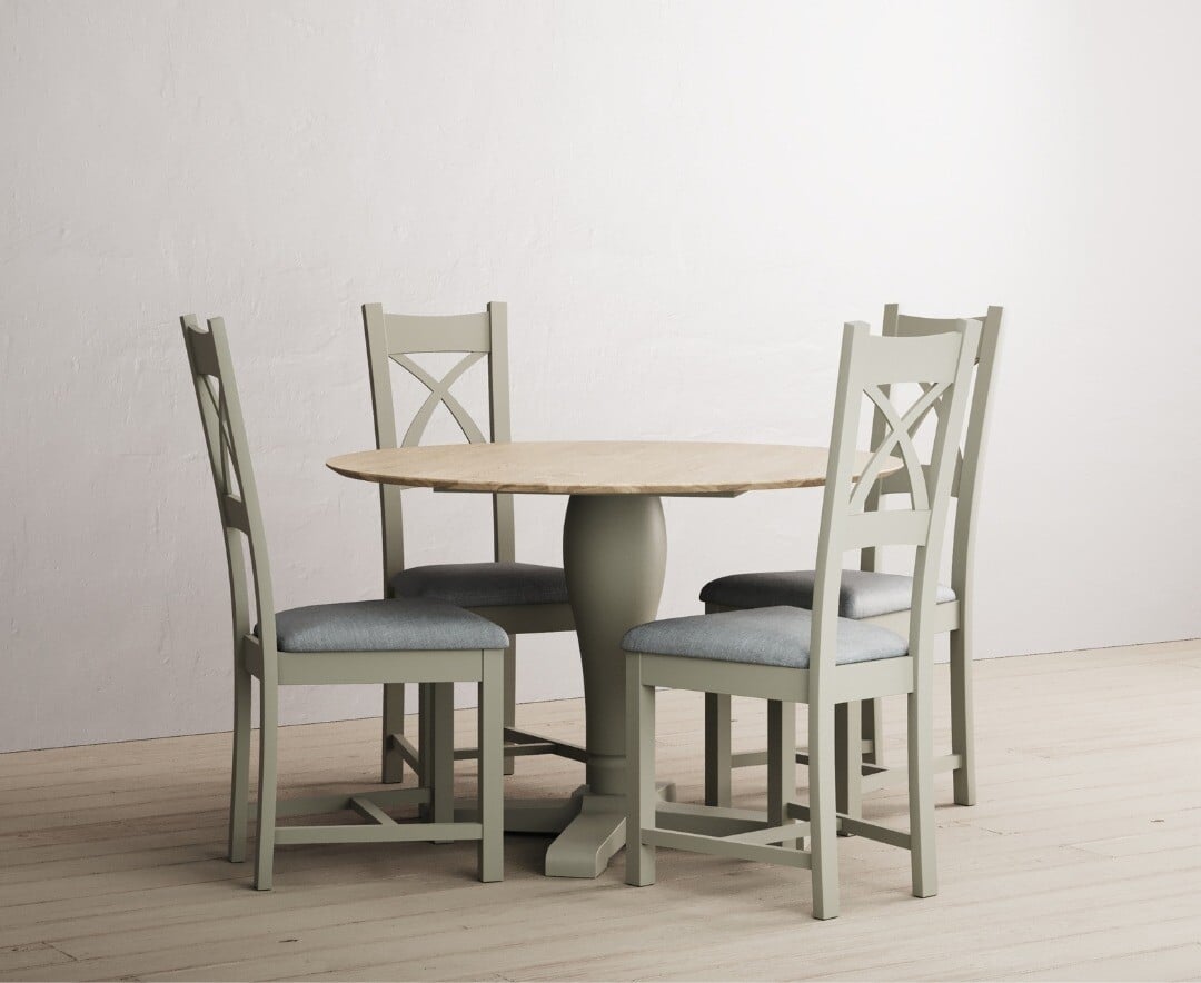 Product photograph of Ancona Oak And Soft Green Painted 120cm Round Dining Table With 4 Linen Painted Chairs from Oak Furniture Superstore