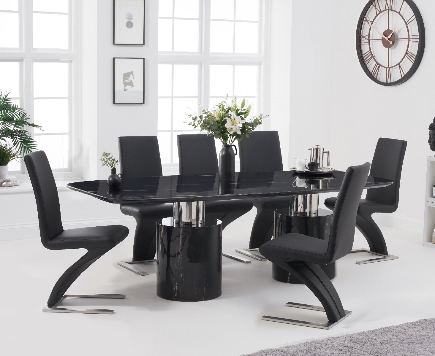 Product photograph of Antonio 180cm Black Marble Dining Table With 6 Black Aldo Chairs from Oak Furniture Superstore
