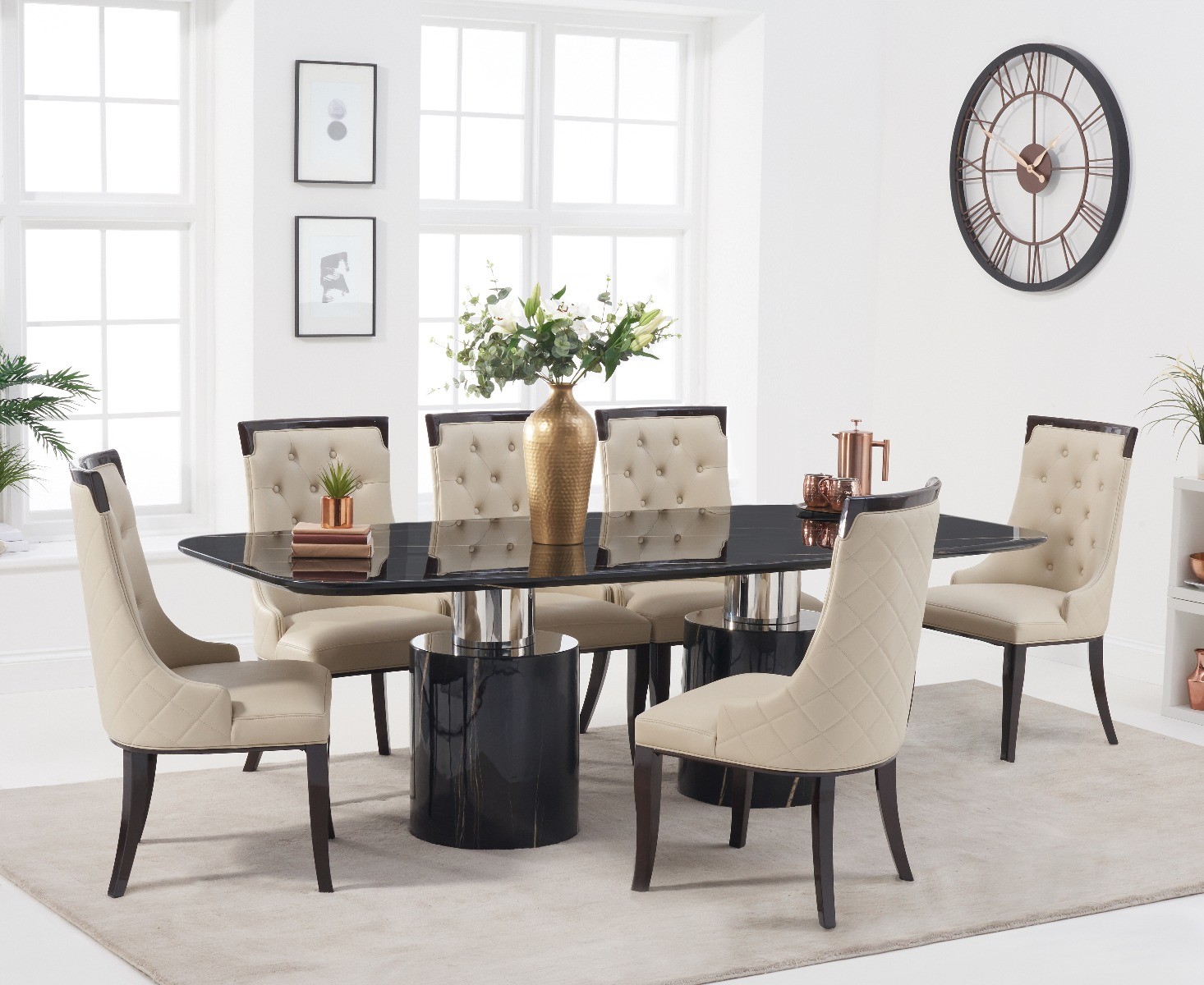 Antonio 180cm Black Marble Dining Table With 6 Cream Francesca Chairs