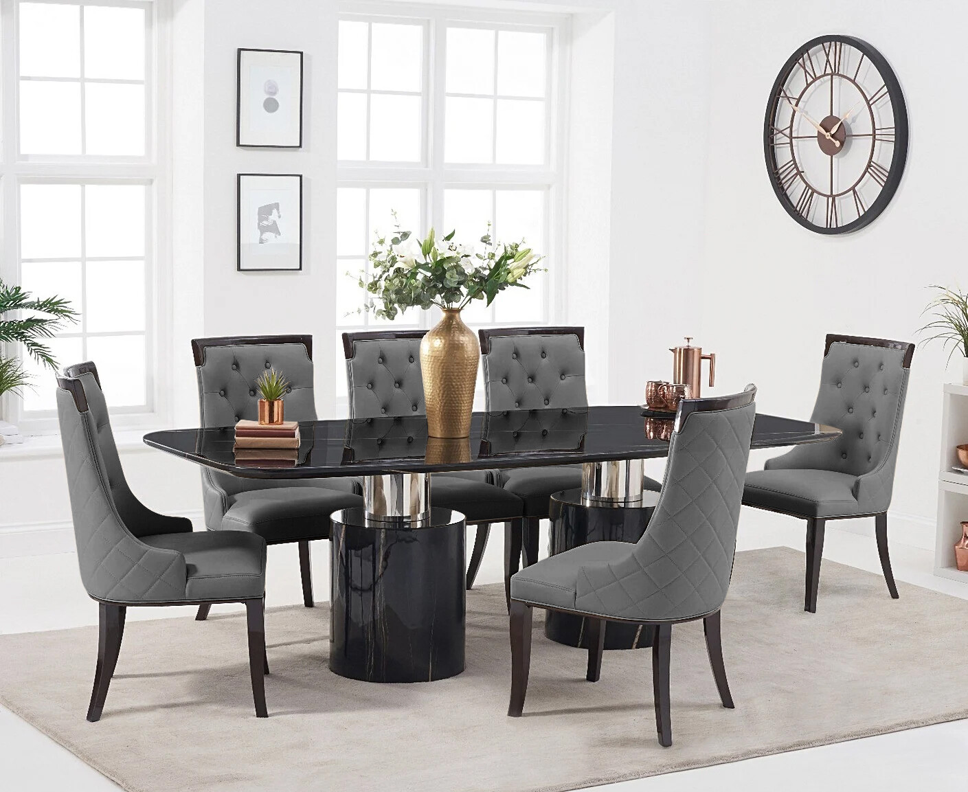 Photo 2 of Antonio 180cm black marble dining table with 6 grey francesca chairs