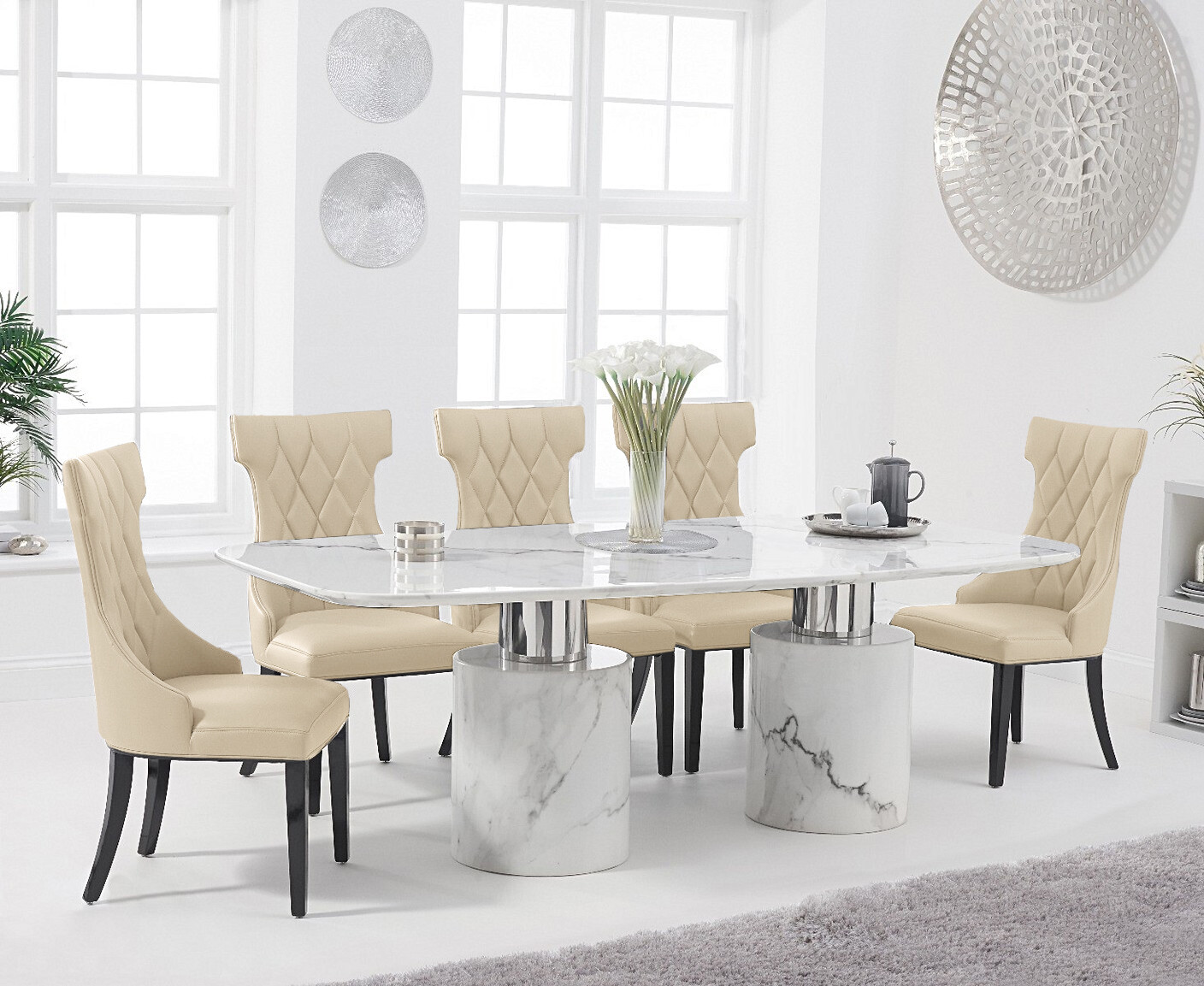 Product photograph of Antonio 180cm White Marble Dining Table With 4 Cream Sophia Chairs from Oak Furniture Superstore