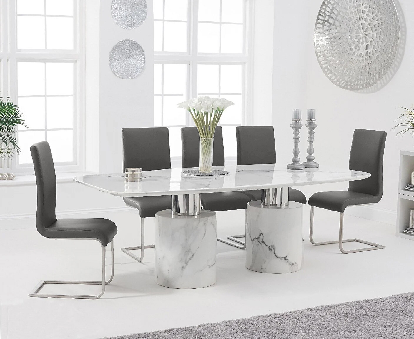 Photo 2 of Antonio 180cm white marble dining table with 8 grey austin chairs
