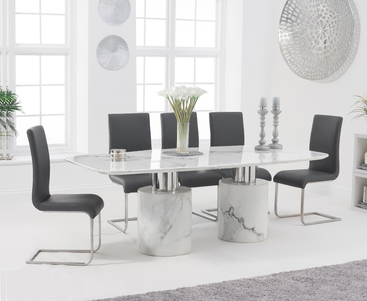 Photo 1 of Antonio 180cm white marble dining table with 8 grey austin chairs