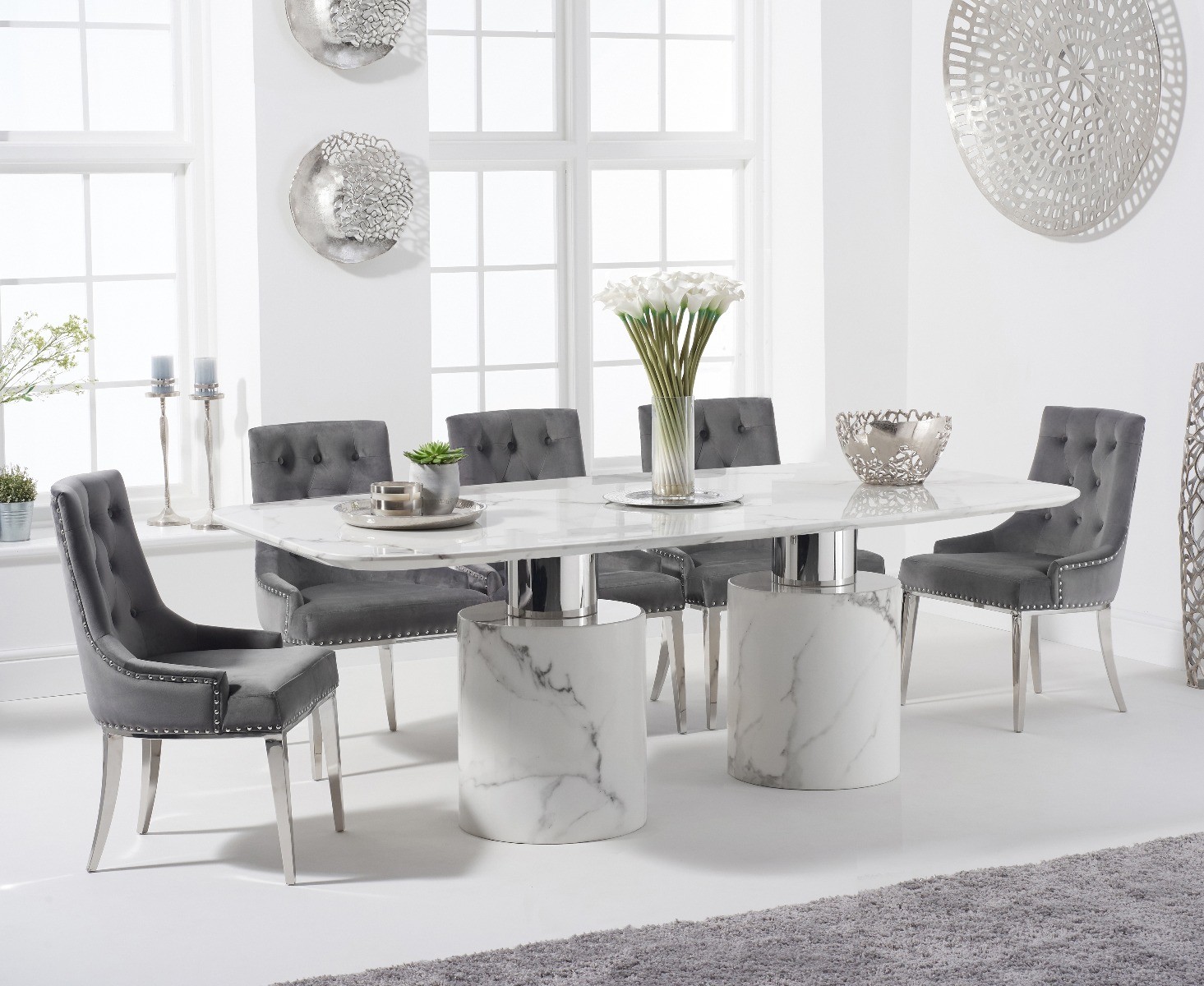 Photo 1 of Antonio 220cm white marble dining table with 6 grey sienna chairs