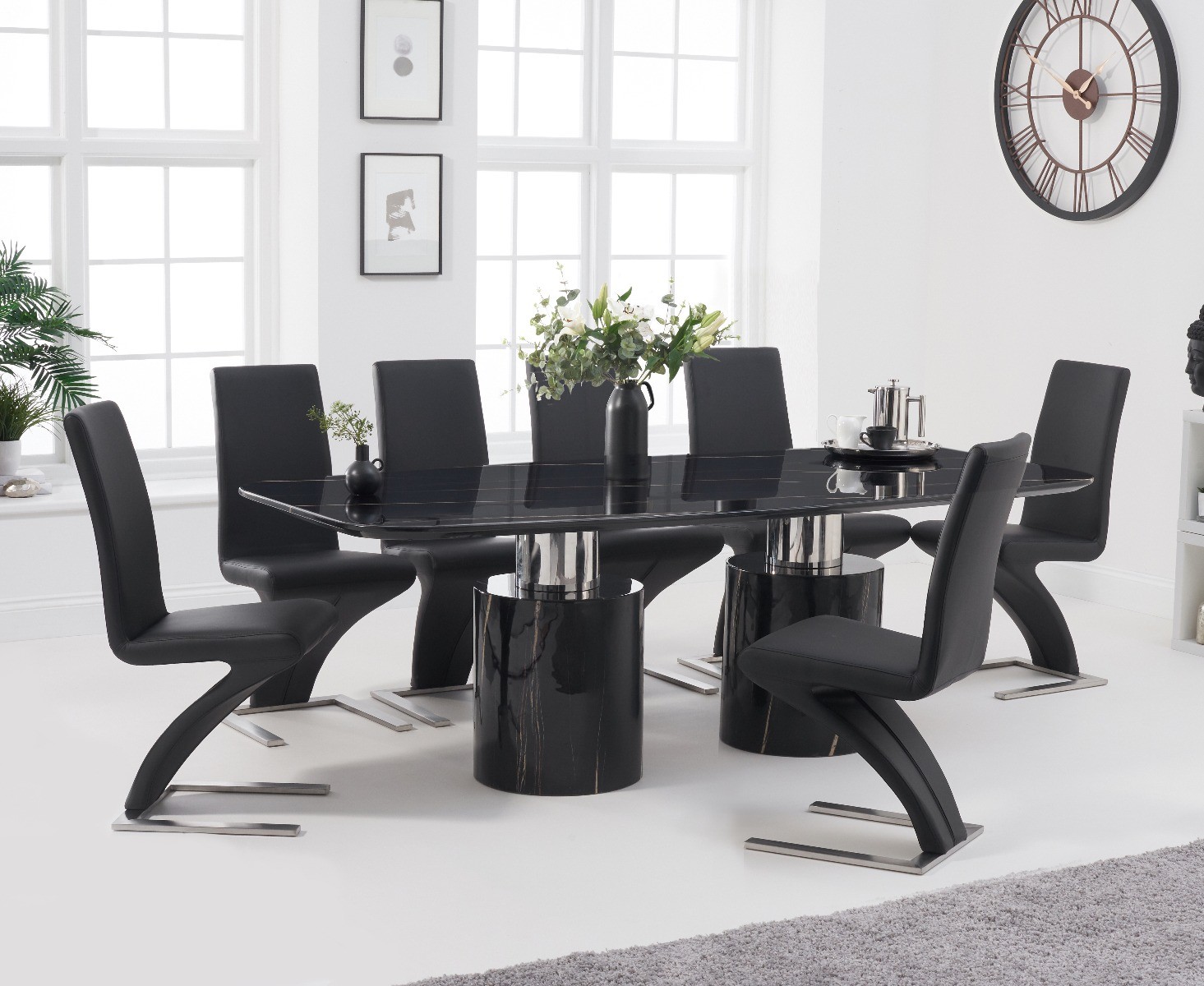 Product photograph of Antonio 220cm Black Marble Dining Table With 6 White Aldo Z Chairs from Oak Furniture Superstore