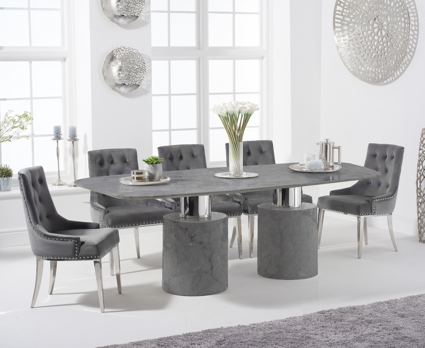 Antonio 220cm Grey Marble Dining Table With 8 Grey Sienna Chairs