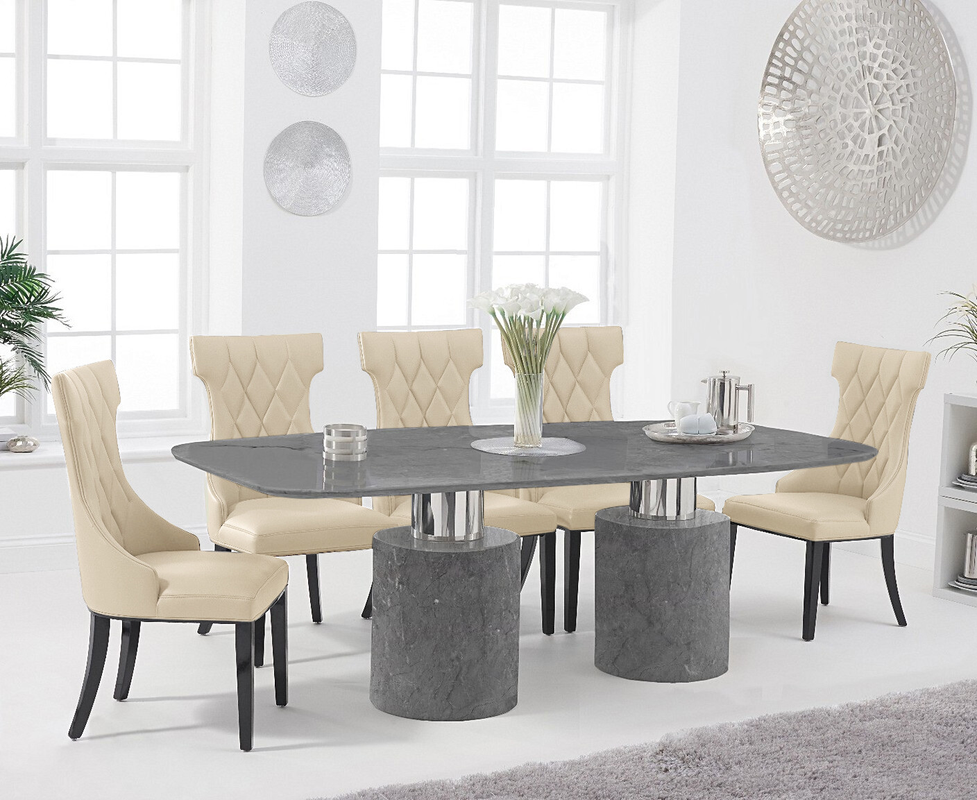 Photo 2 of Antonio 220cm grey marble dining table with 6 grey sophia chairs