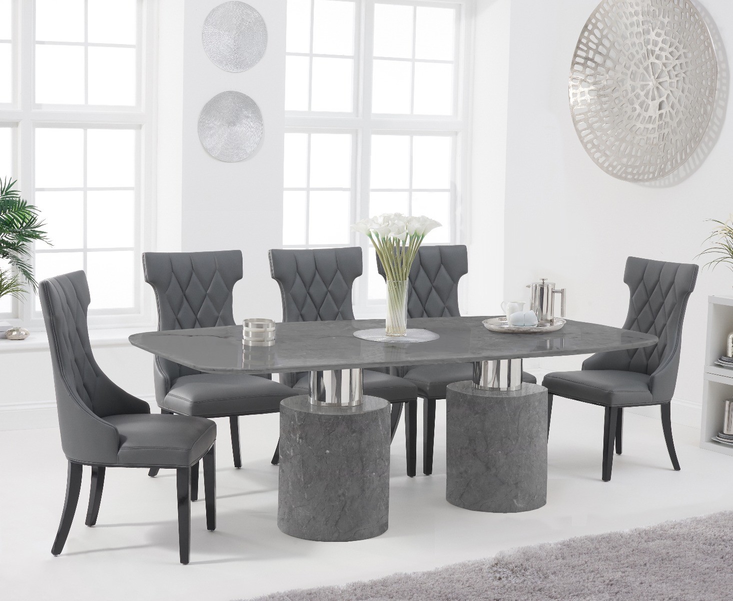 Product photograph of Antonio 220cm Grey Marble Dining Table With 10 Cream Sophia Chairs from Oak Furniture Superstore