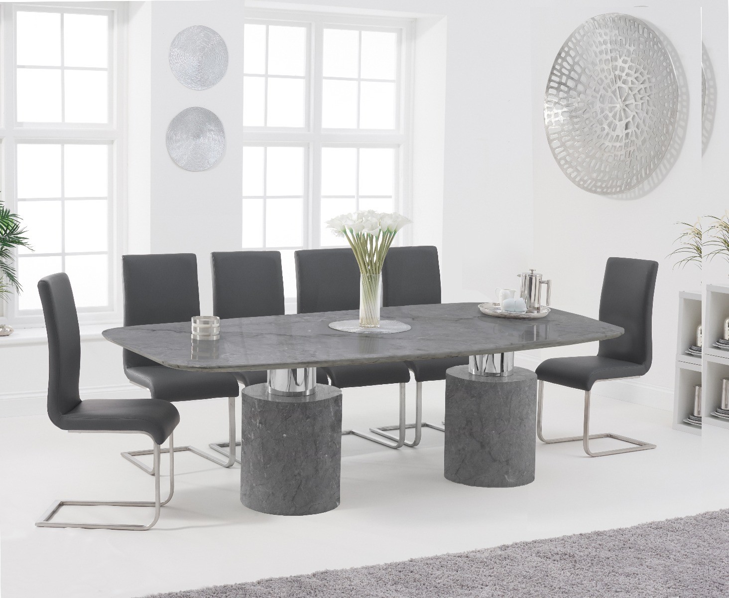 Product photograph of Antonio 220cm Grey Marble Dining Table With 8 Black Austin Chairs from Oak Furniture Superstore