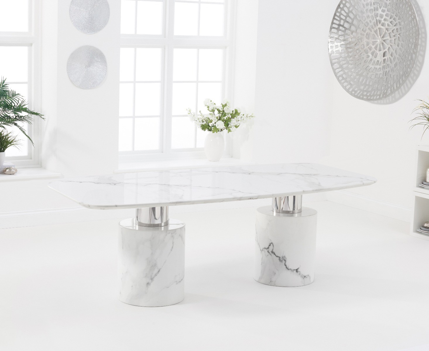 Photo 4 of Antonio 220cm white marble dining table with 10 grey sophia chairs
