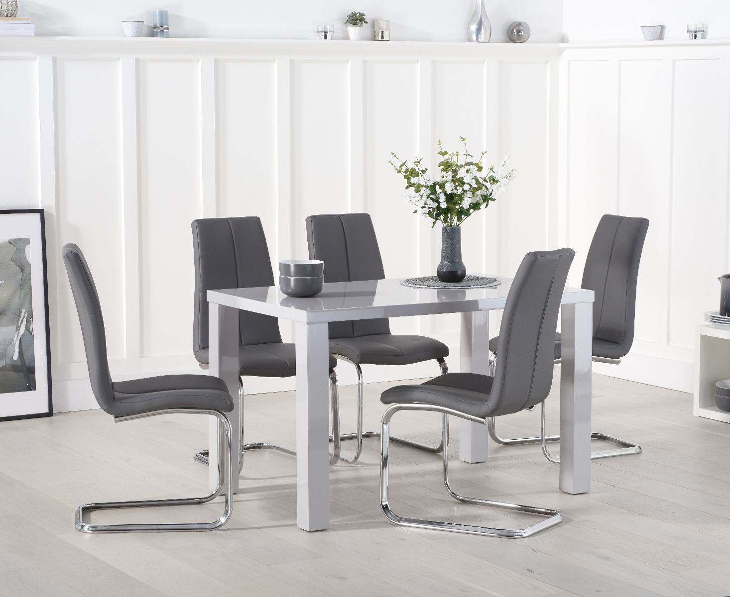 Atlanta 120cm Light Grey High Gloss Dining Table With 6 Grey Tarin Chairs