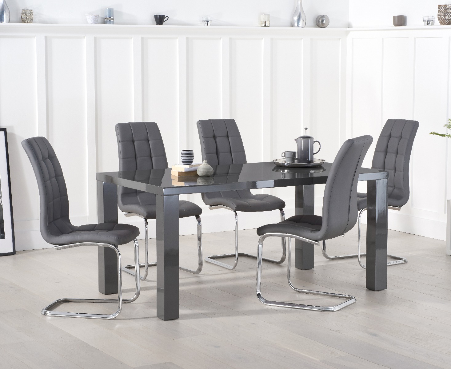 Product photograph of Seattle 160cm Dark Grey High Gloss Dining Table With 6 Black Vigo Chairs from Oak Furniture Superstore