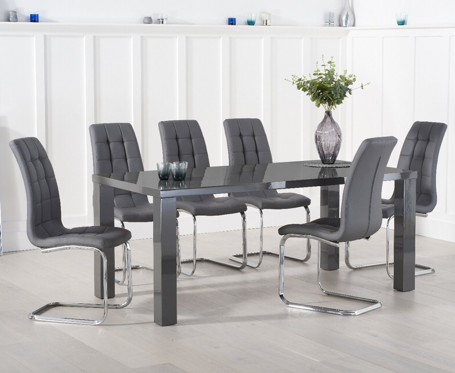 Product photograph of Seattle 200cm Dark Grey High Gloss Dining Table With 10 White Vigo Chairs from Oak Furniture Superstore