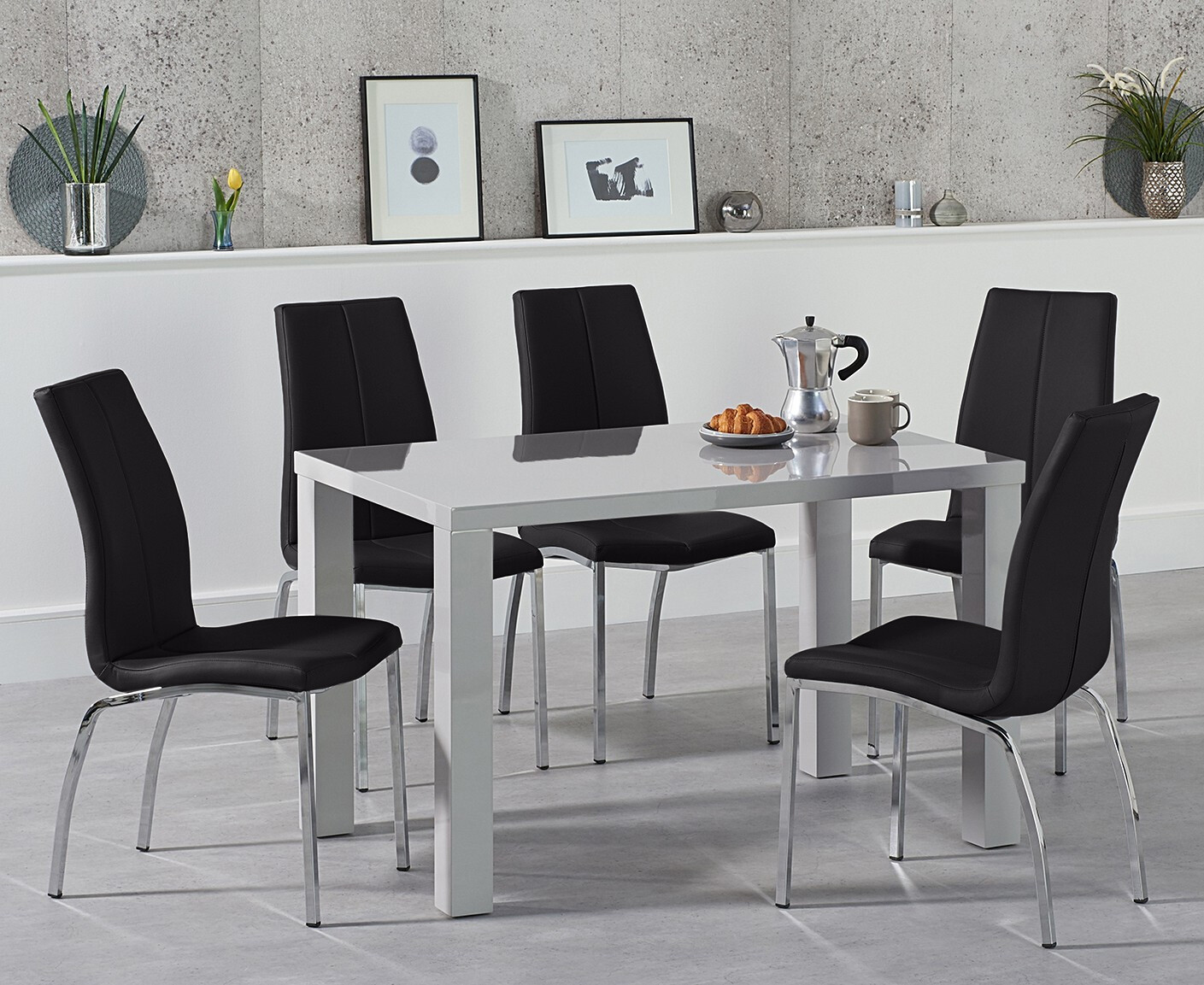 Photo 2 of Seattle 120cm light grey high gloss dining table with 4 white marco chairs