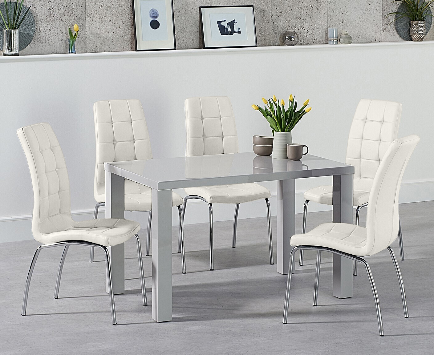 Photo 2 of Seattle 120cm light grey high gloss dining table with 6 grey enzo chairs