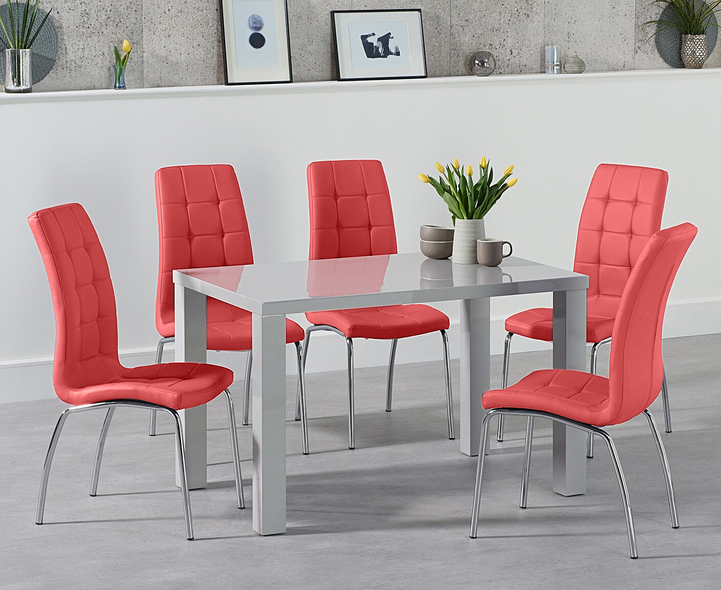 Photo 3 of Seattle 120cm light grey high gloss dining table with 4 red enzo chairs