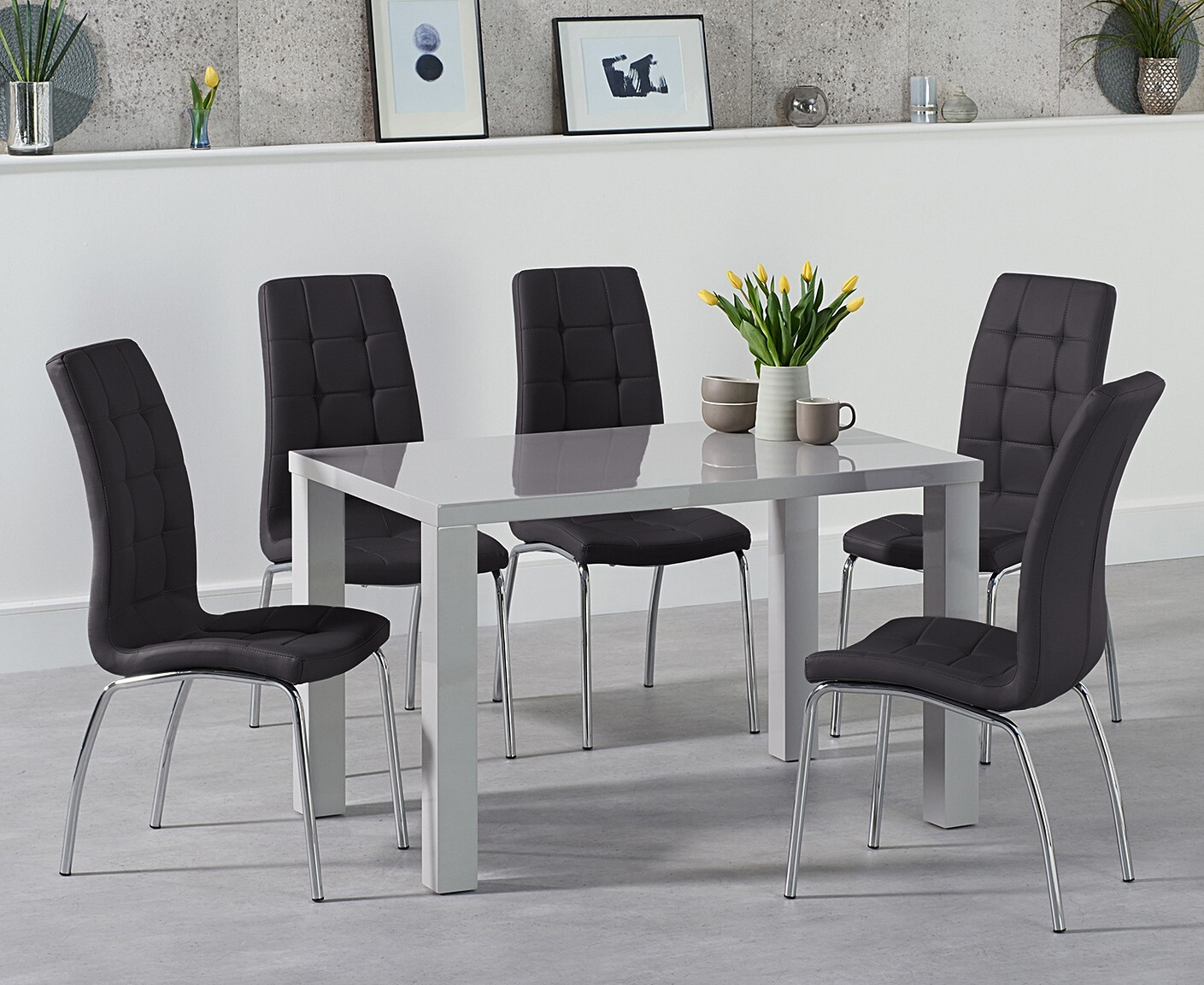 Photo 1 of Seattle 120cm light grey high gloss dining table with 6 black enzo chairs