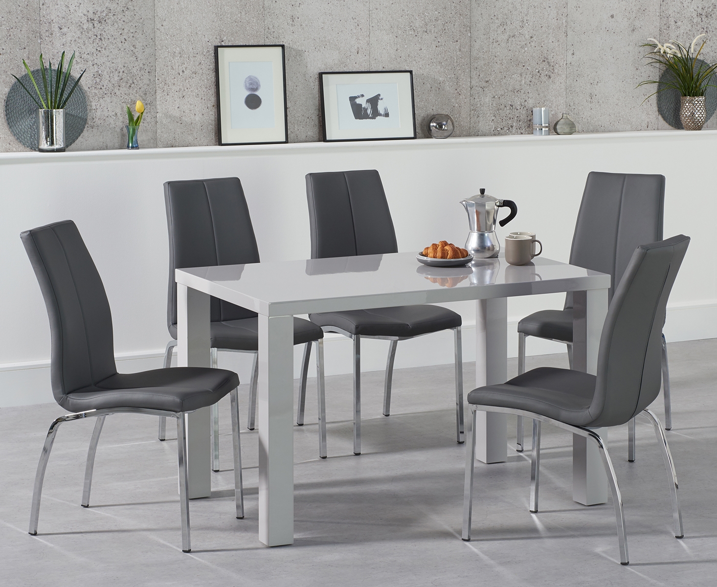Photo 1 of Seattle 120cm light grey high gloss dining table with 6 white marco chairs