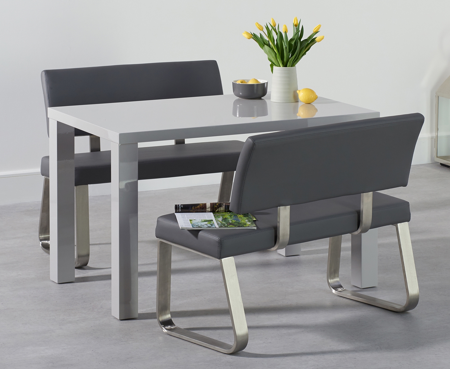 Atlanta 120cm Light Grey High Gloss Dining Table With Austin Benches With Backs
