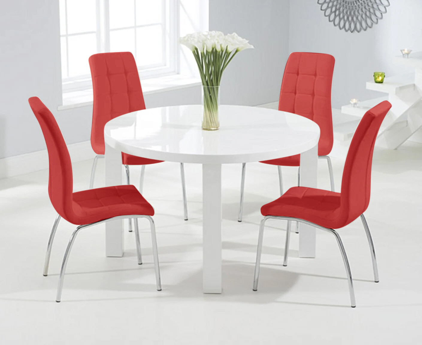 Product photograph of Atlanta 120cm Round White High Gloss Dining Table With 4 White Enzo Chairs from Oak Furniture Superstore