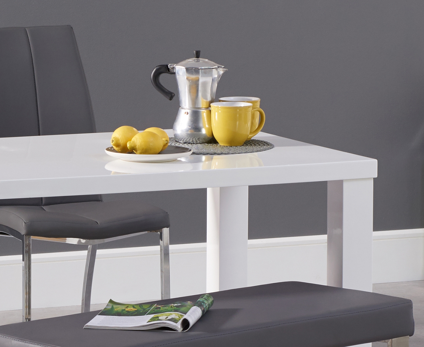 Photo 2 of Seattle 120cm white high gloss dining table with 4 grey marco chairs with 1 grey bench