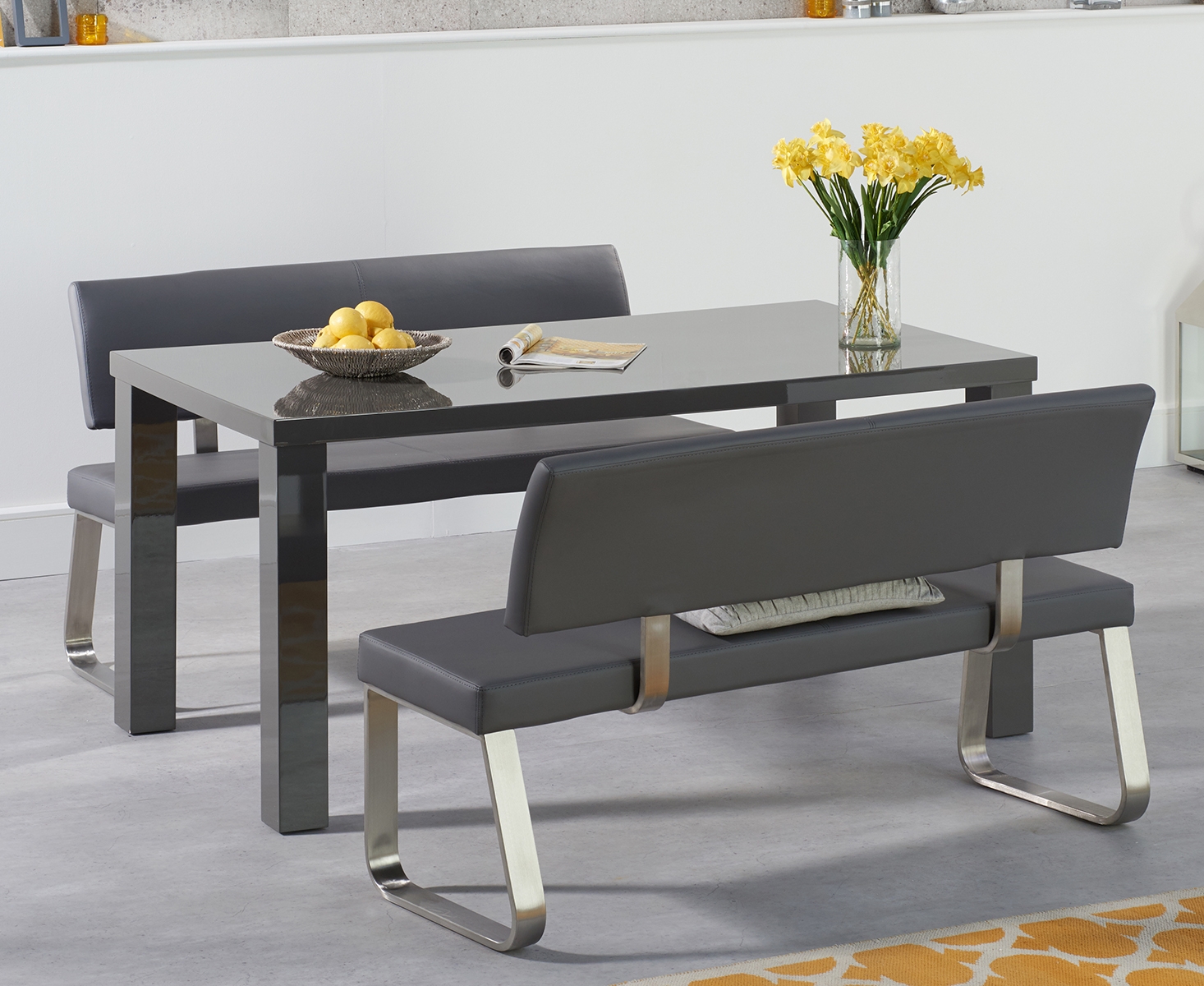 Seattle 160cm Dark Grey High Gloss Dining Table With Malaga Benches