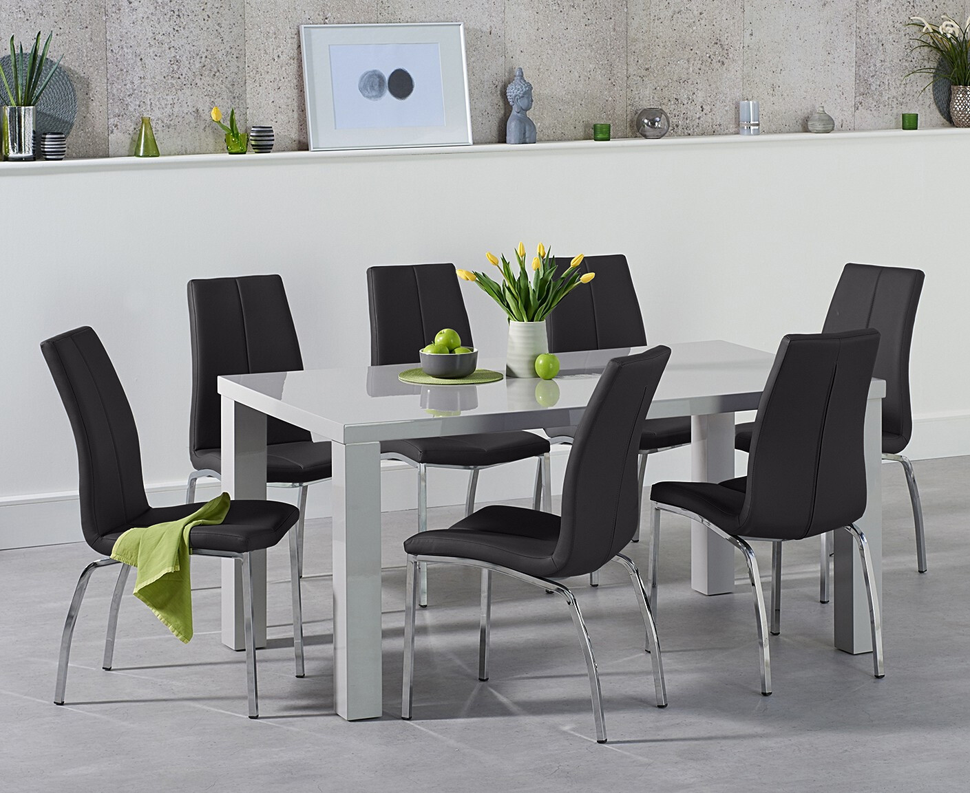 Photo 2 of Seattle 160cm light grey high gloss dining table with 6 black marco chairs