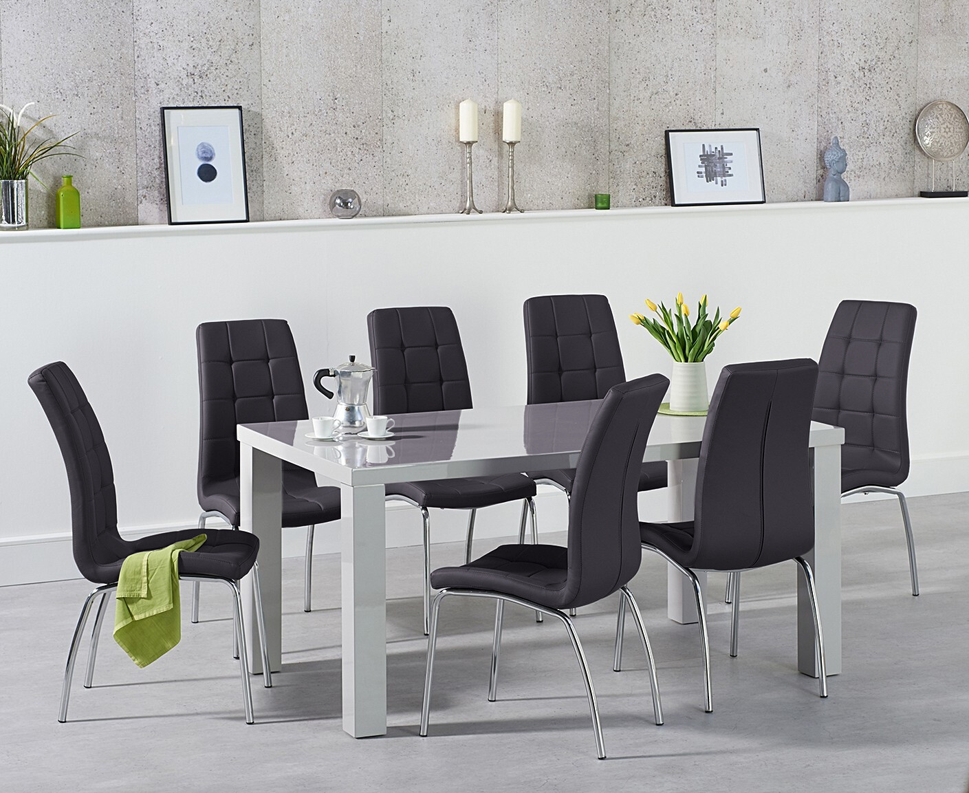 Photo 2 of Seattle 160cm light grey high gloss dining table with 8 black enzo chairs