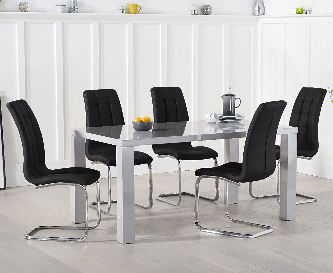Photo 2 of Seattle 160cm light grey high gloss dining table with 6 black vigo chairs