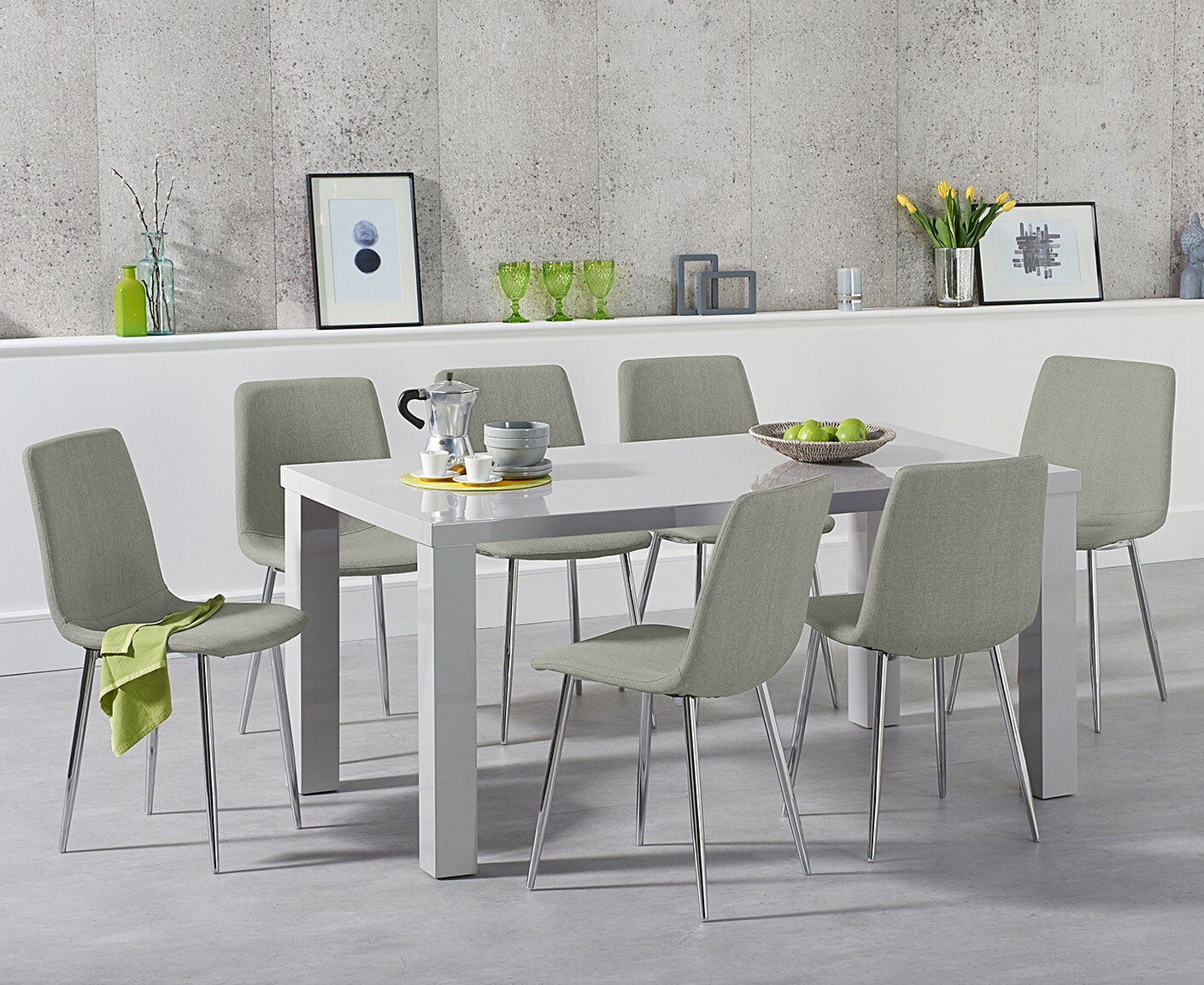 Product photograph of Seattle 160cm Light Grey High Gloss Dining Table With 6 Grey Helsinki Chairs from Oak Furniture Superstore