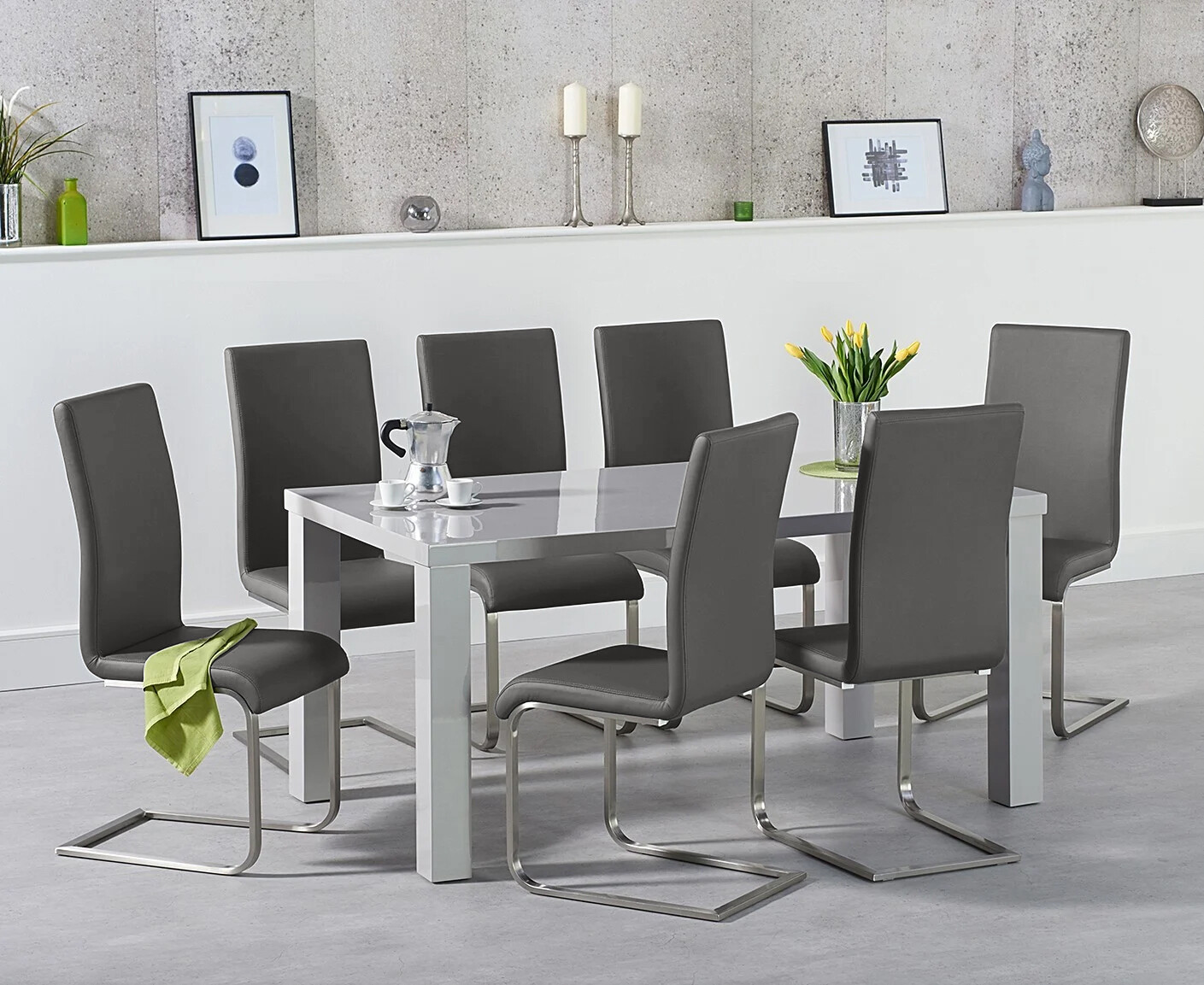 Photo 2 of Seattle 160cm light grey high gloss dining table with 6 grey austin chairs