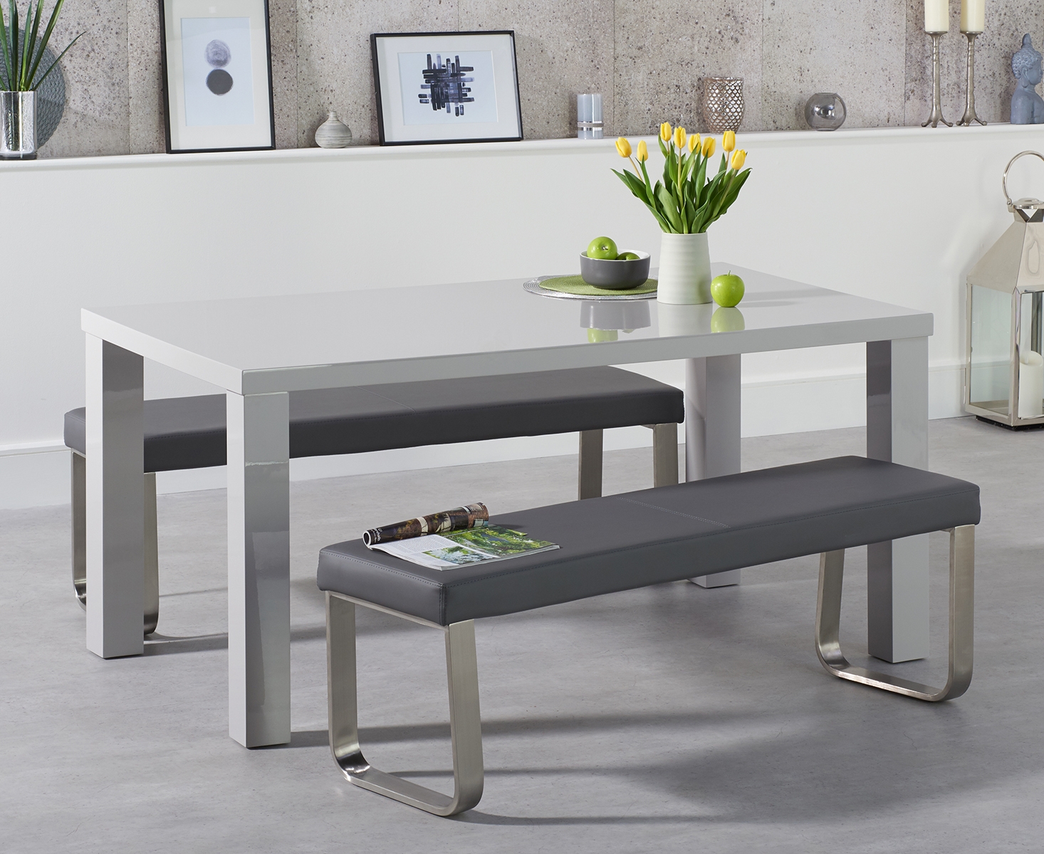 Photo 1 of Seattle 160cm light grey high gloss dining table with 2 grey benches