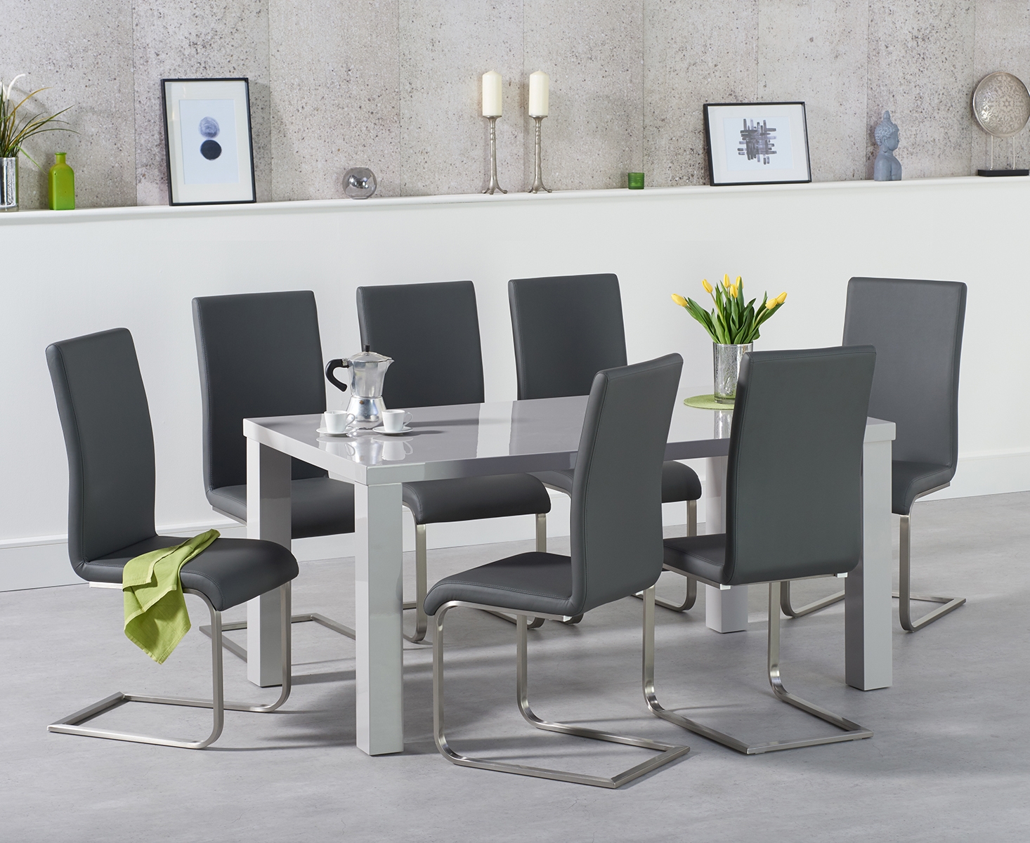 Photo 1 of Seattle 160cm light grey high gloss dining table with 8 black austin chairs