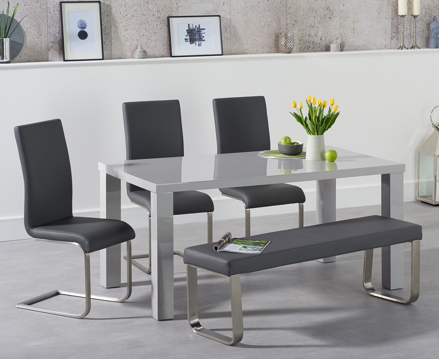 Photo 1 of Atlanta 160cm light grey high gloss dining table with 2 grey austin chairs with 2 grey benches