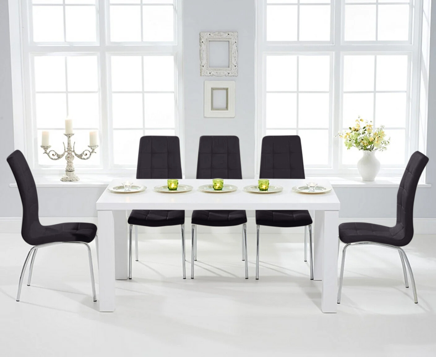 Photo 2 of Seattle 160cm white high gloss dining table with 4 black enzo chairs