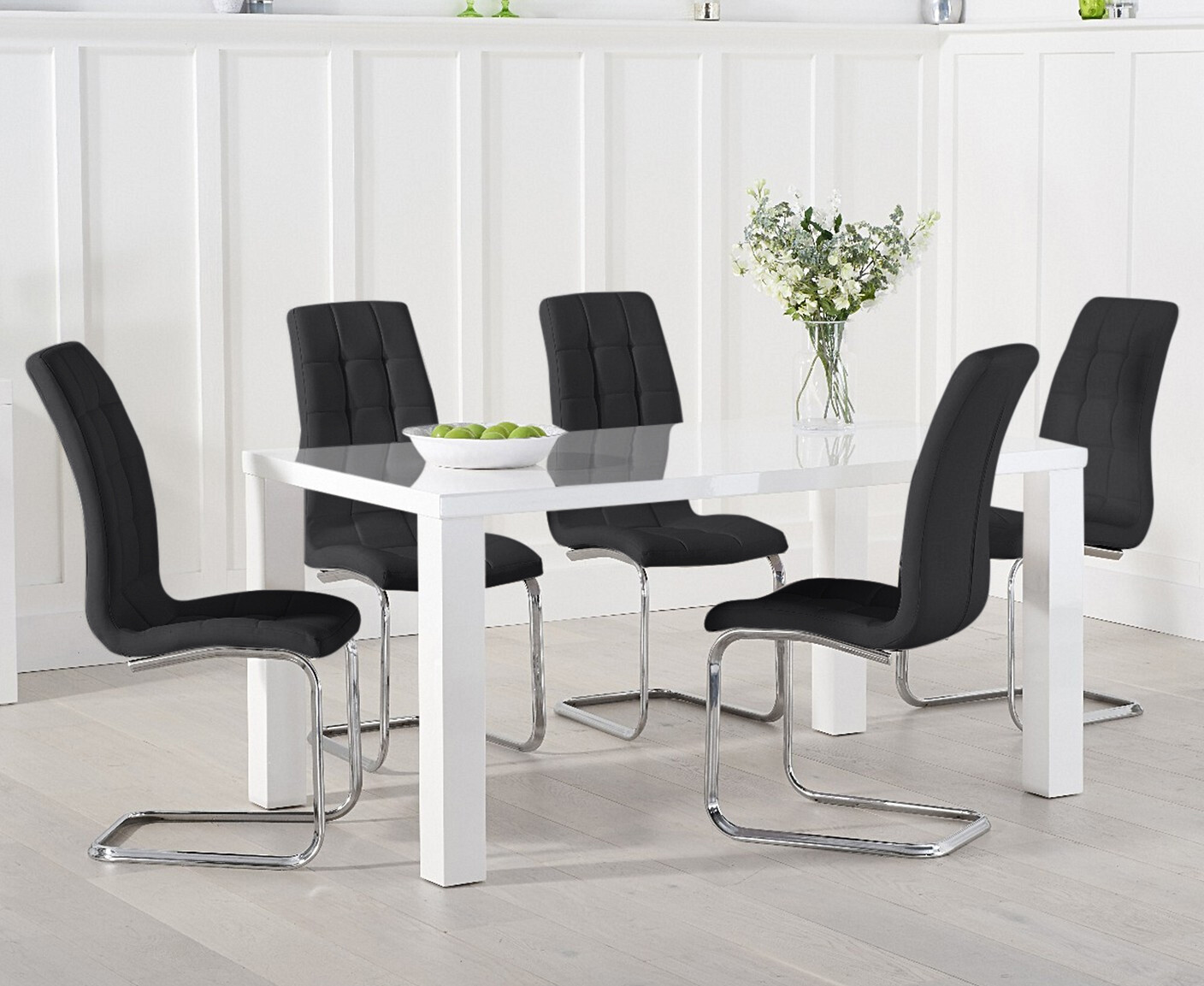 Photo 2 of Seattle 160cm white high gloss dining table with 6 black vigo chairs
