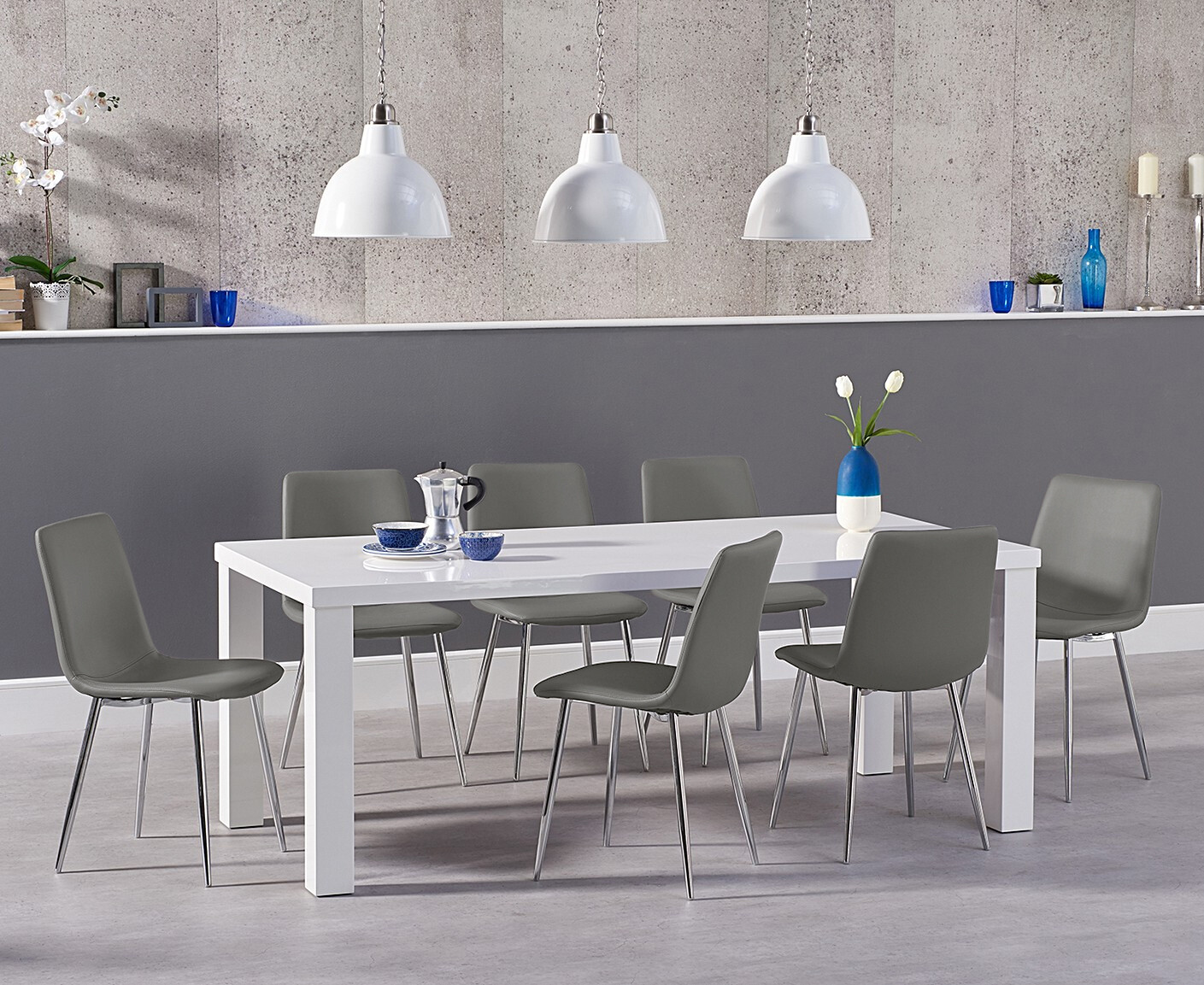 Product photograph of Atlanta 160cm White High Gloss Dining Table With 6 Grey Astrid Faux Leather Chairs from Oak Furniture Superstore