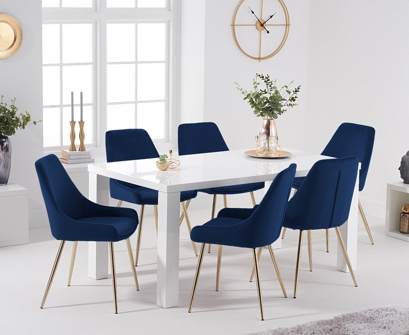 Photo 2 of Seattle 160cm white high gloss dining table with 4 blue lola chairs