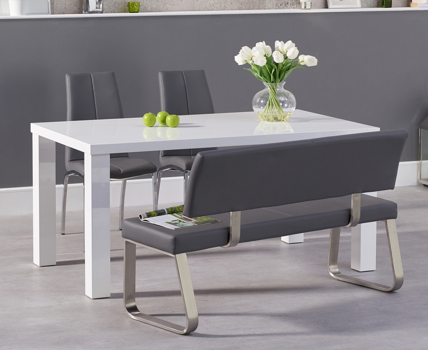 Photo 1 of Seattle 160cm white high gloss dining table with 4 grey marco chairs with 1 grey bench