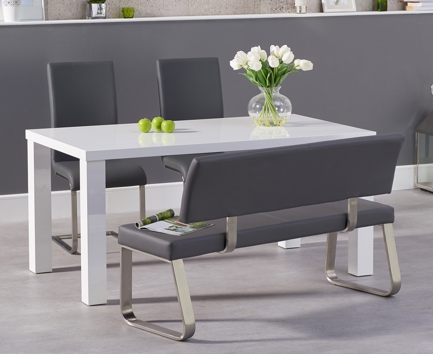 Atlanta 160cm White High Gloss Dining Table With 2 Grey Austin Chairs And 2 Malaga Grey Benches