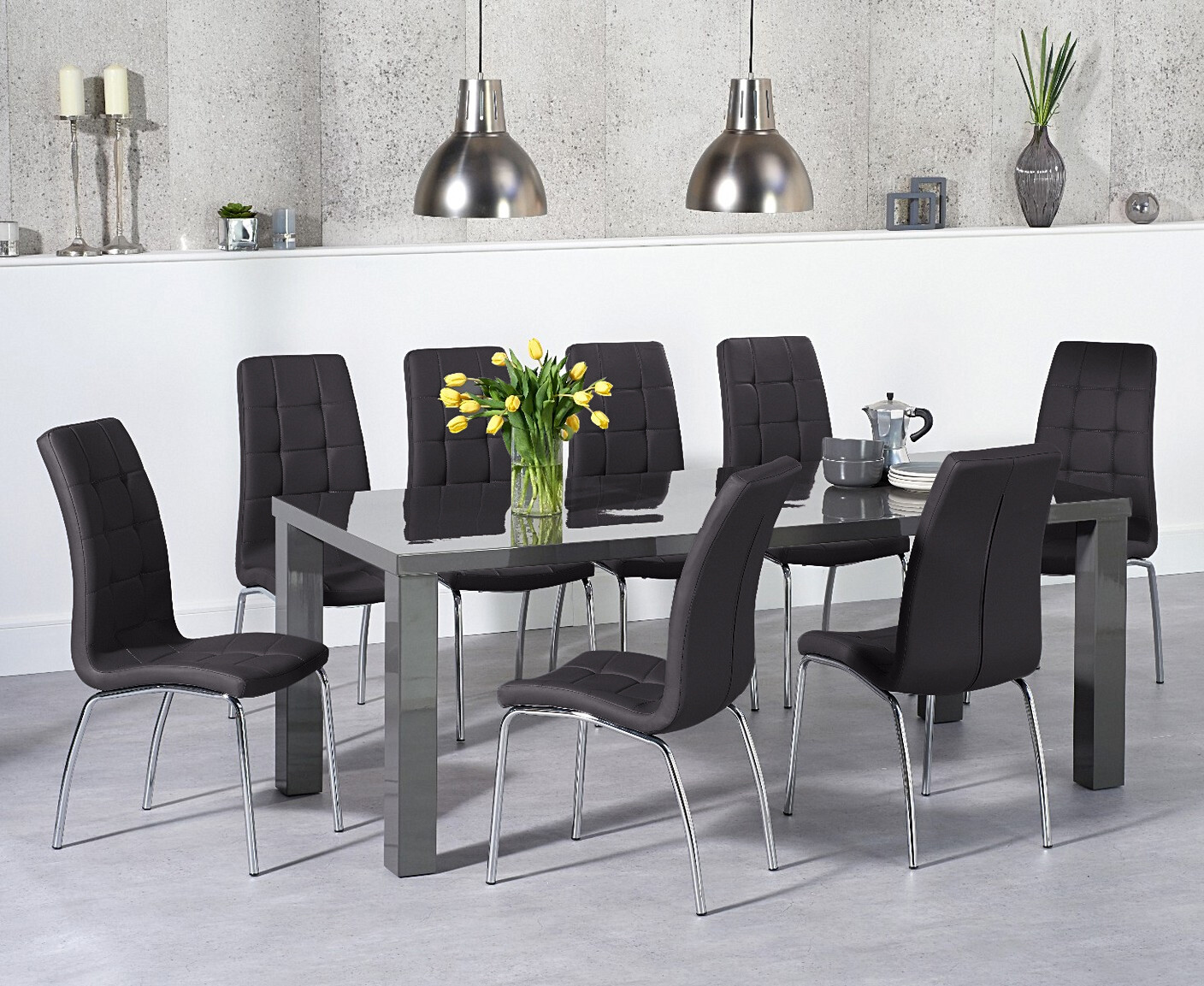 Atlanta 200cm Dark Grey High Gloss Dining Table With 6 Cream Enzo Chairs