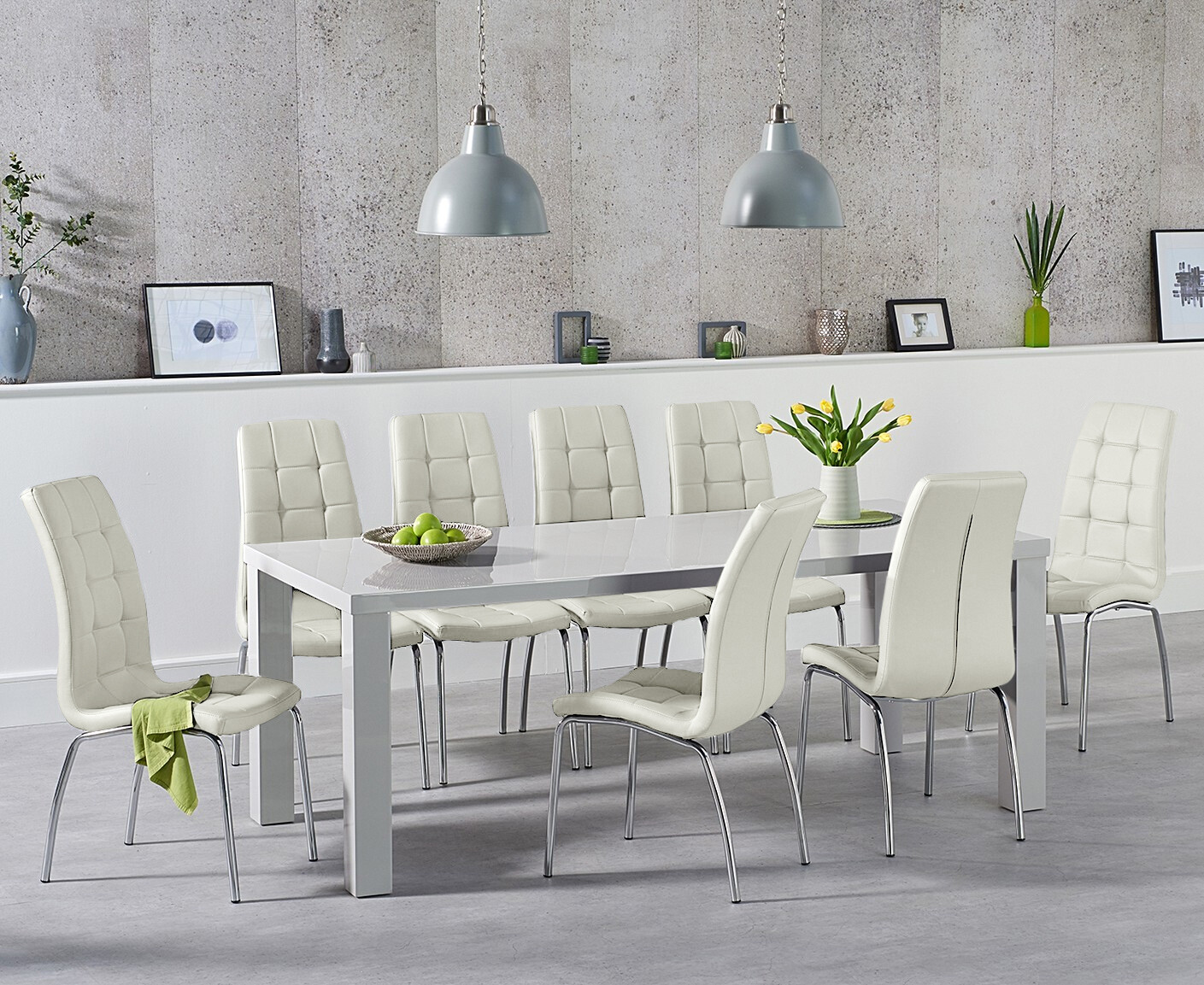 Product photograph of Atlanta 200cm Light Grey High Gloss Dining Table With 6 Grey Enzo Chairs from Oak Furniture Superstore