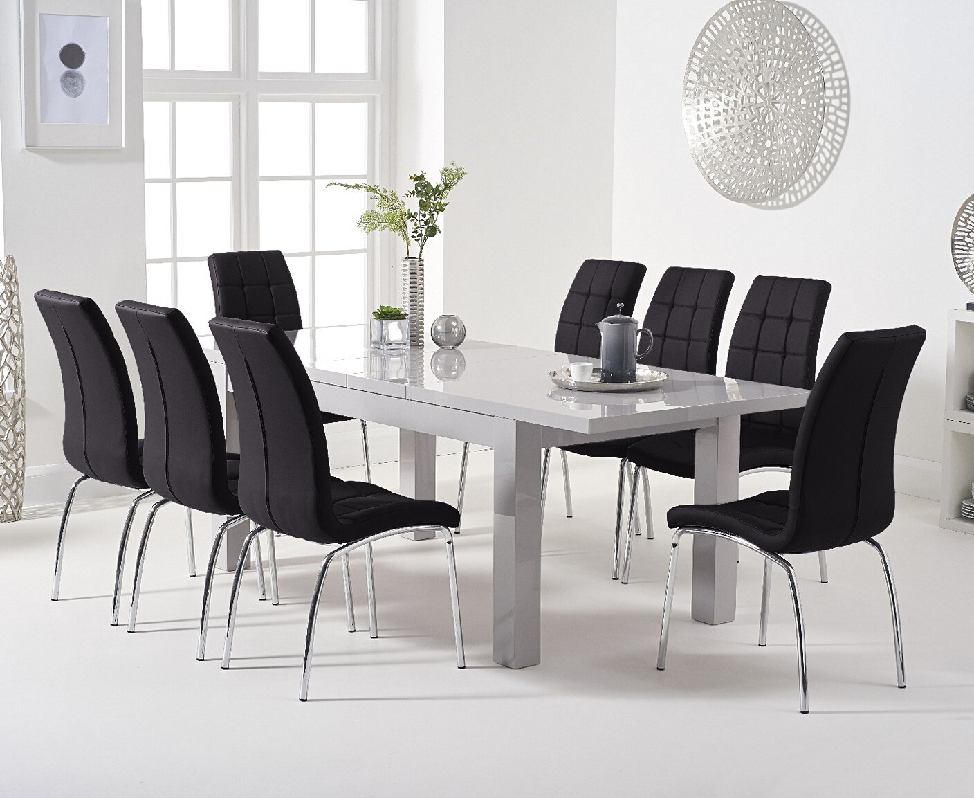 Photo 2 of Extending seattle 160cm light grey high gloss dining table with 8 black enzo chairs