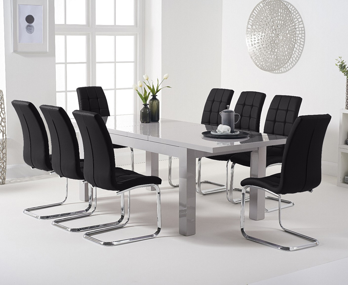 Photo 3 of Extending seattle 160cm light grey high gloss dining table with 4 black vigo chairs