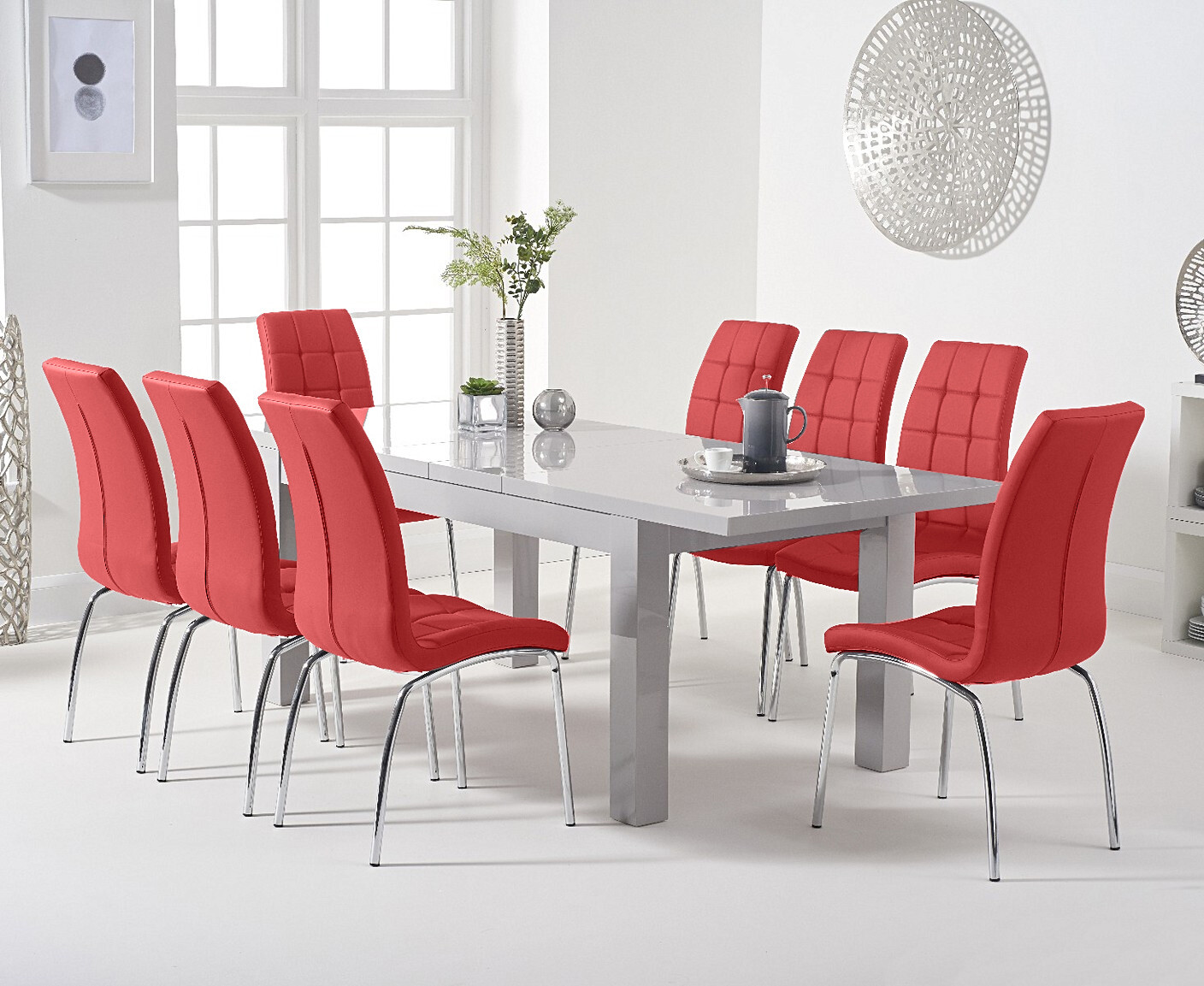 Photo 1 of Extending seattle 160cm light grey high gloss dining table with 8 red enzo chairs