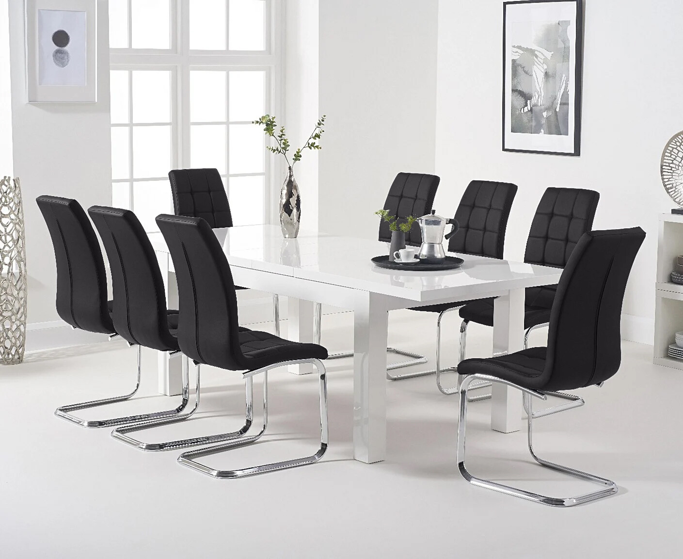 Photo 3 of Extending atlanta 160cm white high gloss dining table with 8 black vigo chairs